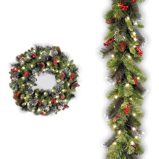 Artificial Christmas Wreath, Christmas Decoration with Glitter, Pinecones, Red Berries, 50 Clear LED Lights, 160 Tips, Green