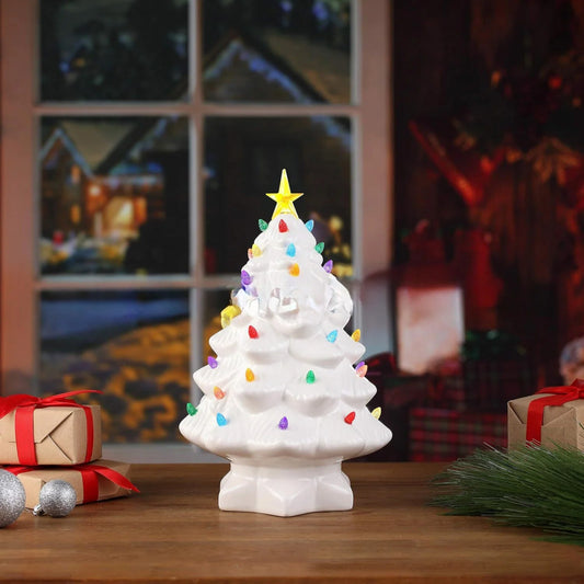 Ceramic Christmas Tree, Pre-lit Hand-Painted Tabletop Holiday Tree, Star Topper, 64 Lights - Green w/Multicolored Bulbs