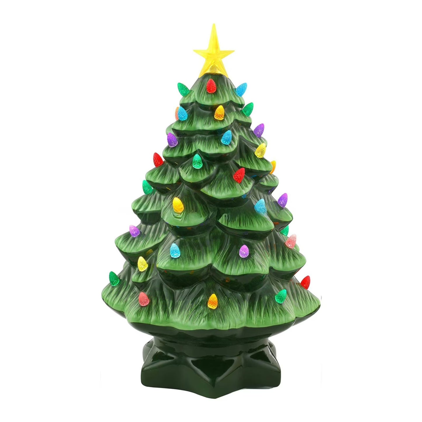 Ceramic Christmas Tree, Pre-lit Hand-Painted Tabletop Holiday Tree, Star Topper, 64 Lights - Green w/Multicolored Bulbs
