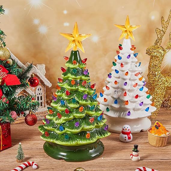 Ceramic Christmas Tree, Pre-lit Hand-Painted Tabletop Holiday Tree, Star Topper, 64 Lights - Green w/Multicolored Bulbs