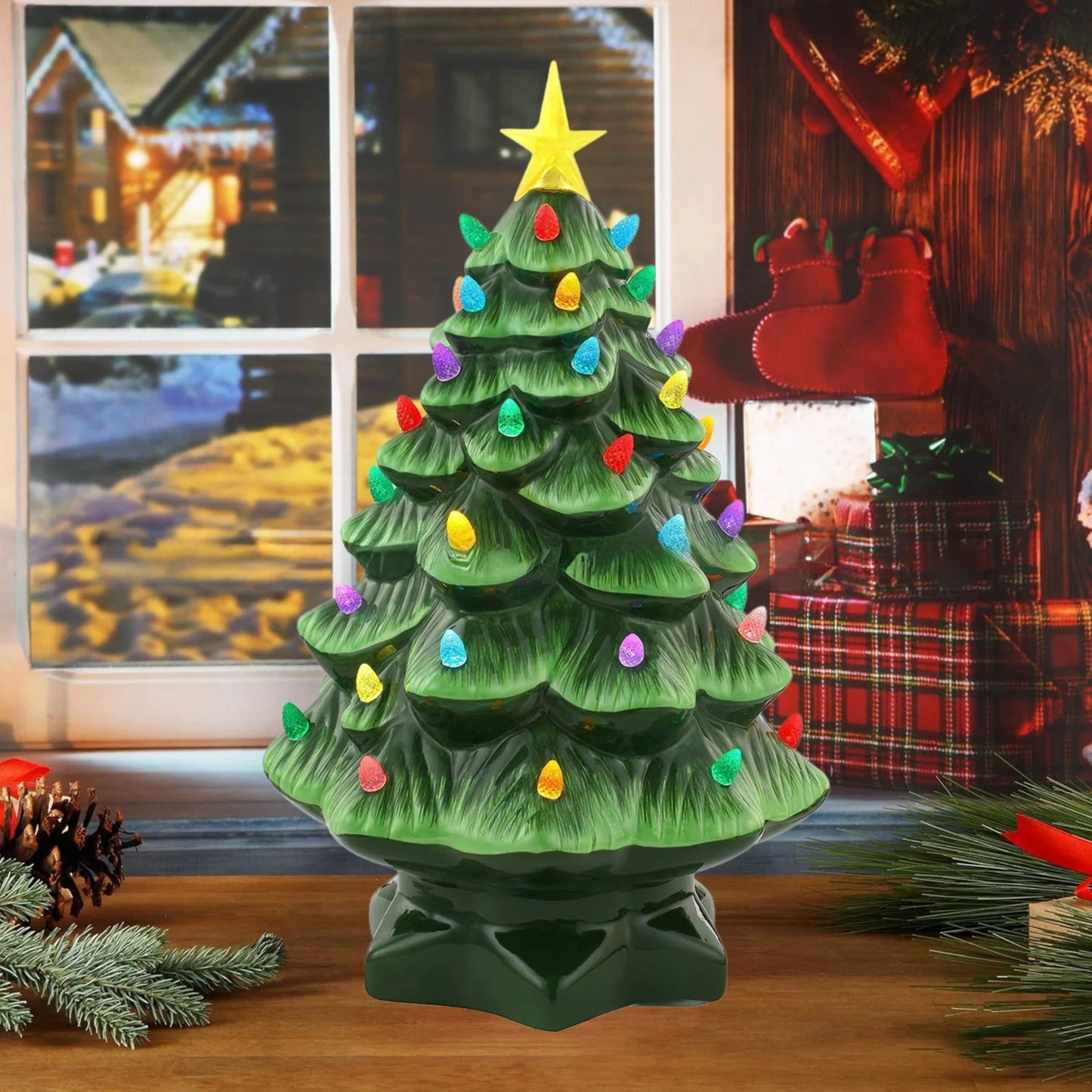 Ceramic Christmas Tree, Pre-lit Hand-Painted Tabletop Holiday Tree, Star Topper, 64 Lights - Green w/Multicolored Bulbs