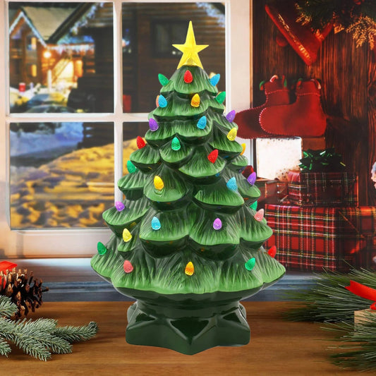 Ceramic Christmas Tree, Pre-lit Hand-Painted Tabletop Holiday Tree, Star Topper, 64 Lights - Green w/Multicolored Bulbs