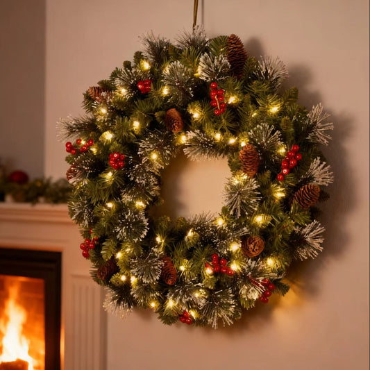 Artificial Christmas Wreath, Christmas Decoration with Glitter, Pinecones, Red Berries, 50 Clear LED Lights, 160 Tips, Green