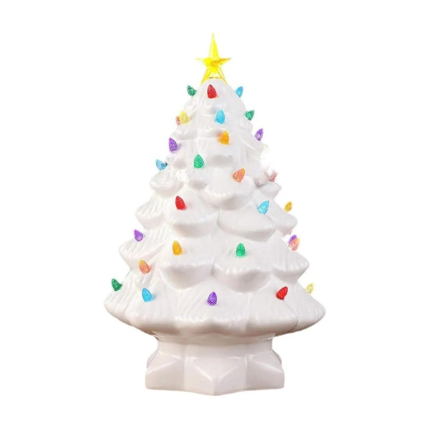 Ceramic Christmas Tree, Pre-lit Hand-Painted Tabletop Holiday Tree, Star Topper, 64 Lights - Green w/Multicolored Bulbs