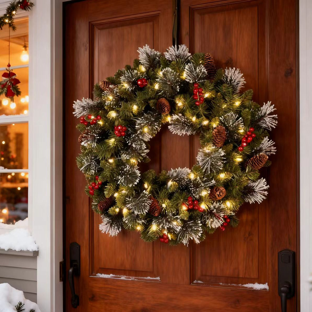 Artificial Christmas Wreath, Christmas Decoration with Glitter, Pinecones, Red Berries, 50 Clear LED Lights, 160 Tips, Green