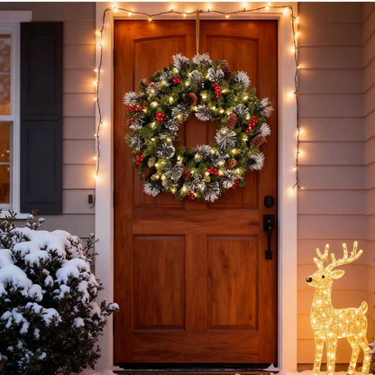 Artificial Christmas Wreath, Christmas Decoration with Glitter, Pinecones, Red Berries, 50 Clear LED Lights, 160 Tips, Green